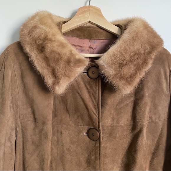 VINTAGE 1960 Suede Coat Mink Collar - Satin Lined size 7 - Picture 5 of 14